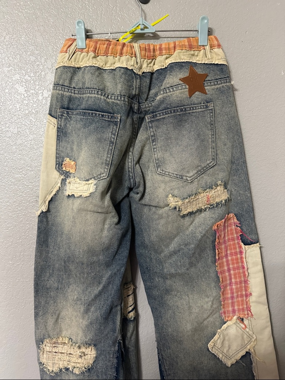 Patchwork Wide Leg Jeans - Distressed Blue with Plaid Accents - Picture 3 of 3